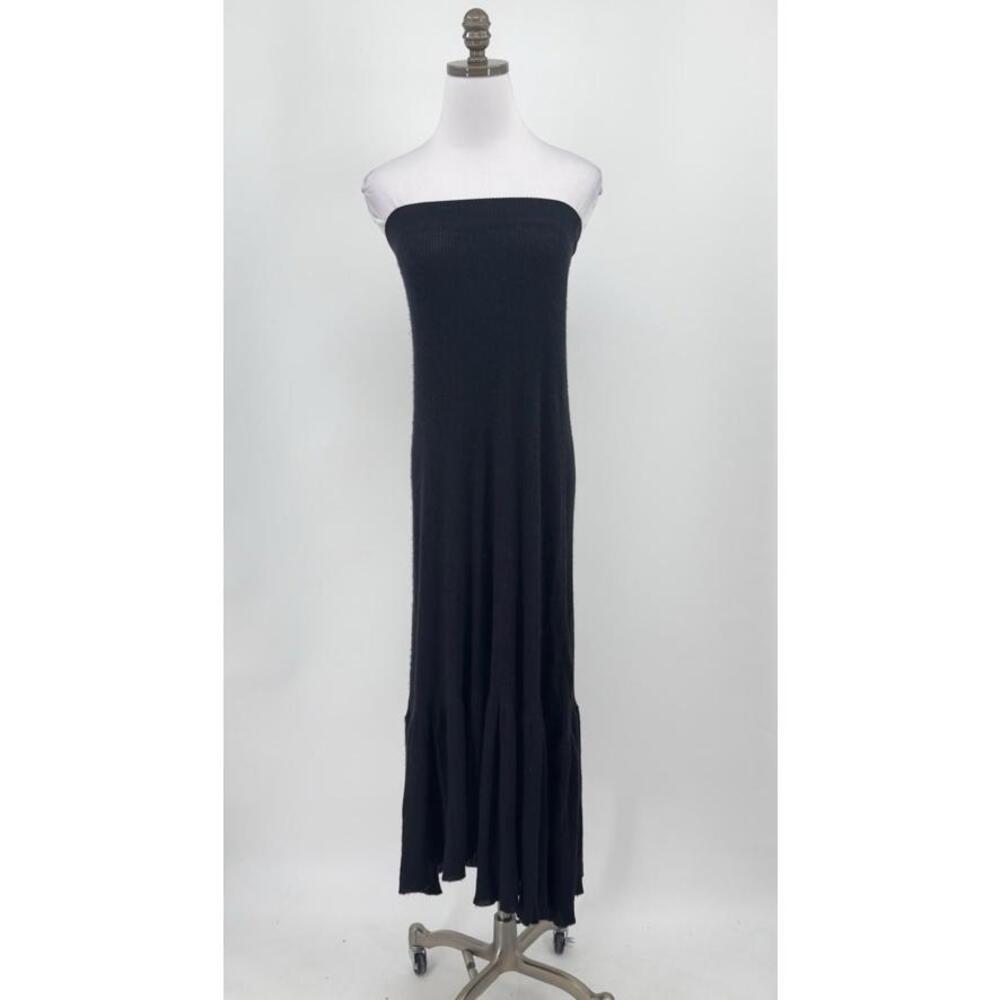 Ryan Roche Black Cashmere Ribbed Strapless Dress Ruffle Bottom Sz S